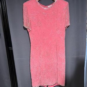 Joan Leslie Evenings vintage pink silver and clear beaded dress 100% silk